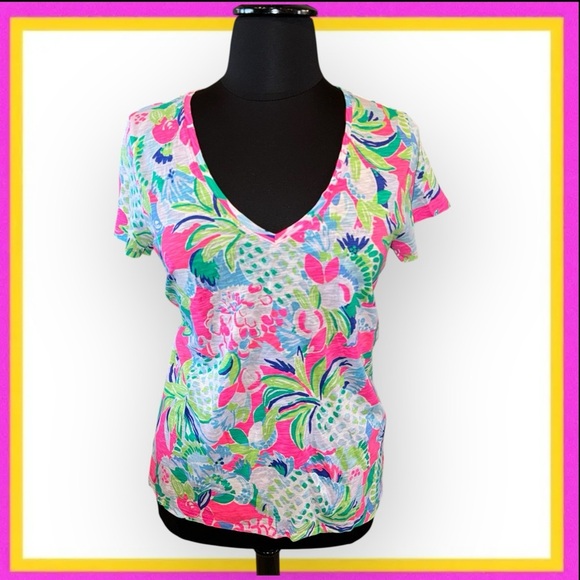 Lilly Pulitzer Etta V-Neck Cotton Top “Raise The Bar” Pink Pineapple XL - Picture 1 of 12